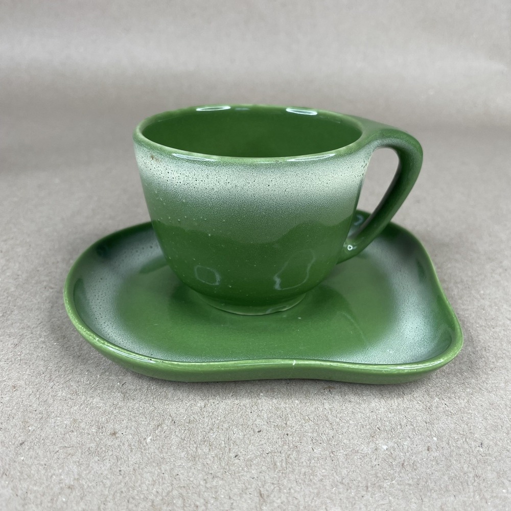 1950s TAMAC POTTERY Frosty Pine Cup & Saucer‎ Set MID CENTURY PERRY OKLAHOMA Vtg